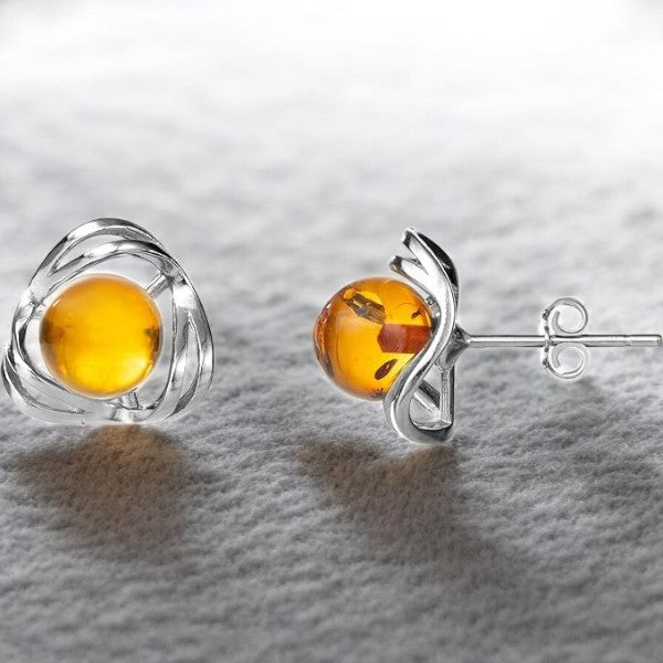 Baltic Amber Stud Earrings Triquetra 925 Sterling Silver | The Great Gift Idea