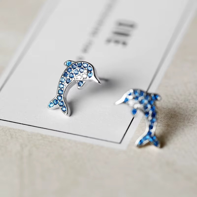Silver Dolphin Stud Earrings with Blue Zirconia Crystals | The Great Gift Idea