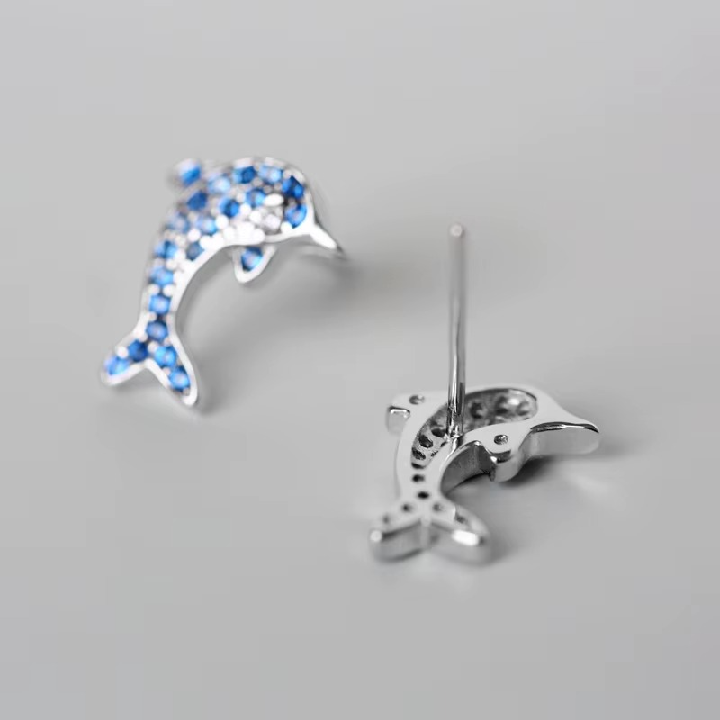 Silver Dolphin Stud Earrings with Blue Zirconia
