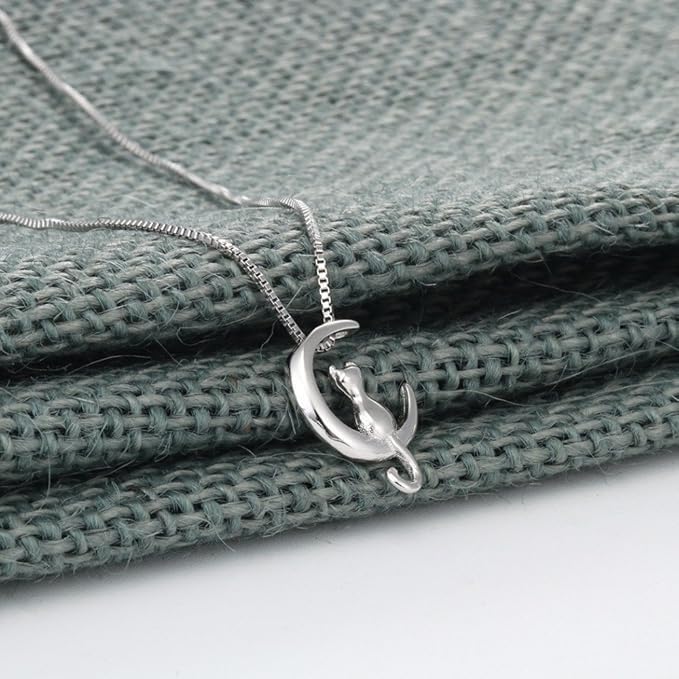 925 Silver Cat on the Moon Necklace Pendant 18-inch Silver Chain | The Great Gift Idea