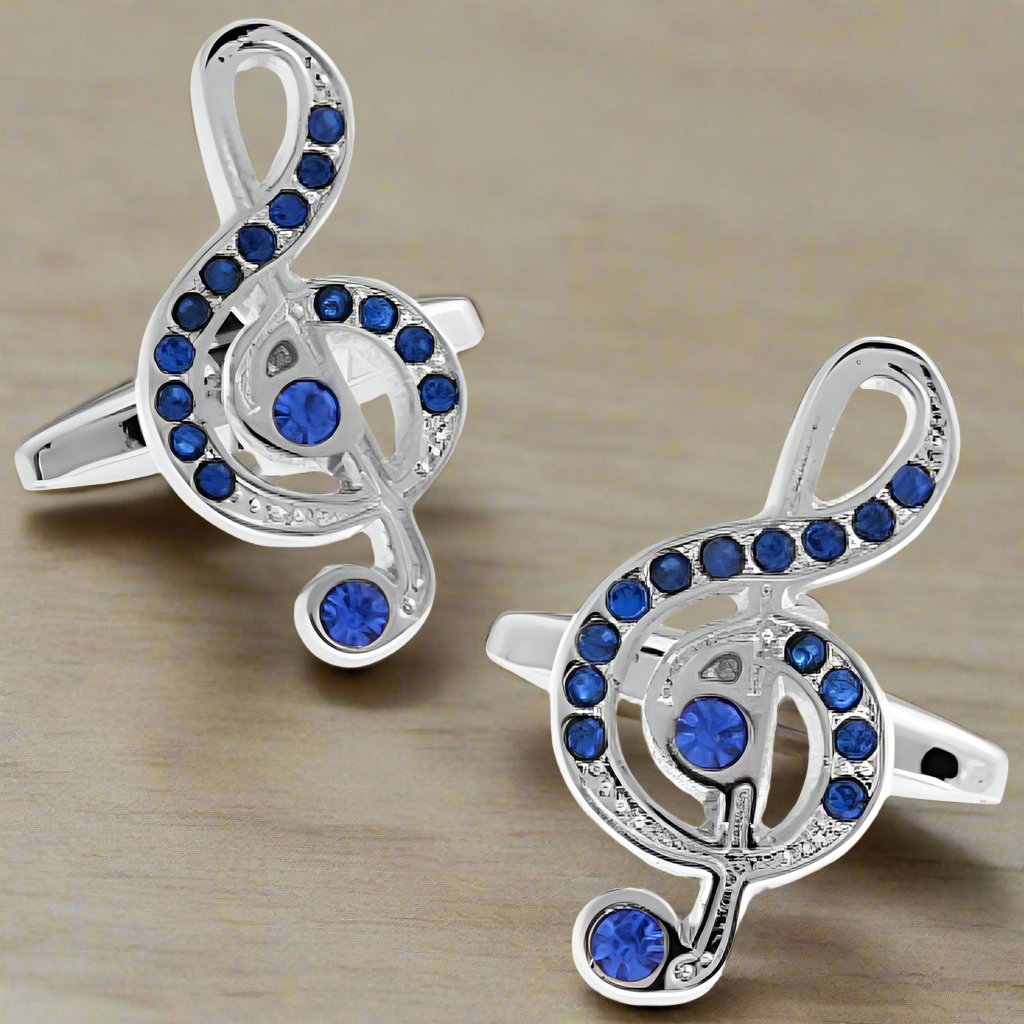 Blue Diamante Treble Clef Musical Note Cufflinks With Personalised Gift Box - The Great Gift Idea