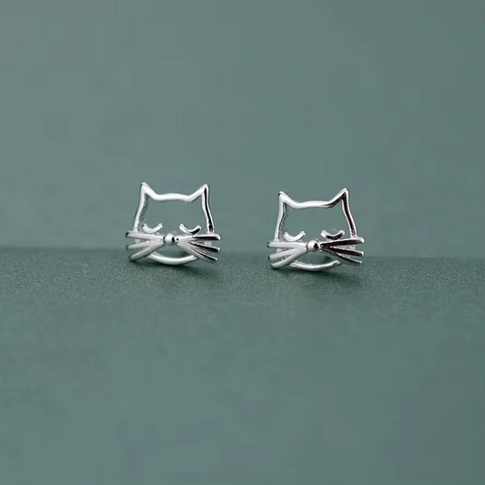 Cat Stud Earrings with Whiskers, Sterling Silver |The Great Gift Idea