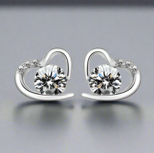 Heart Stud Earrings with Clear Zirconia, Silver | Ashton and Finch