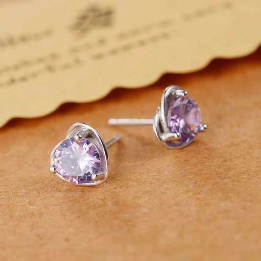 Heart Stud Earrings with Purple Zirconia Stone, Silver | The Great Gift Idea