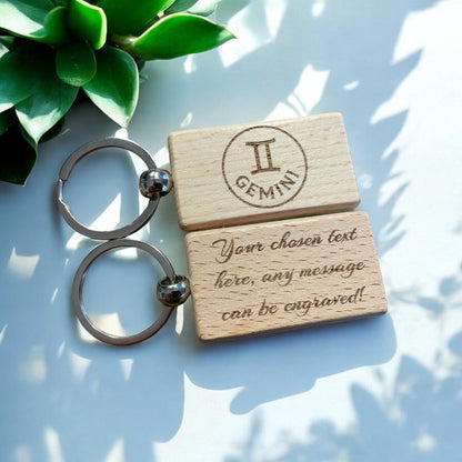 Personalised Wooden Gemini Zodiac Keyring Gift