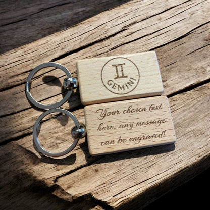 Personalised Wooden Gemini Zodiac Keyring Gift