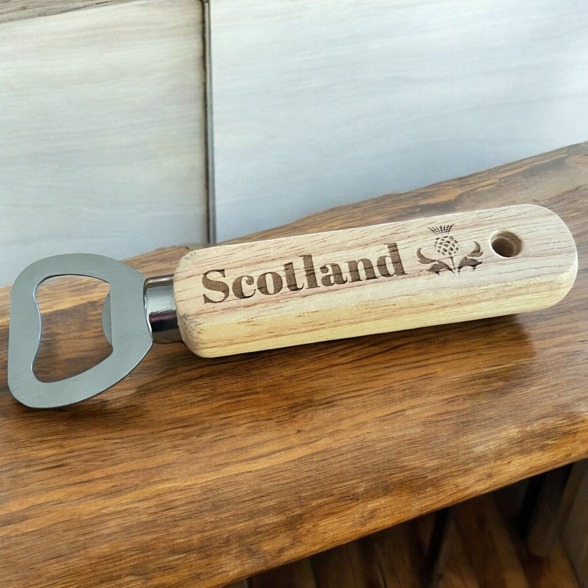 Rustic Wooden Scotland Bottle Opener – Stylish Scottish Design Gift

