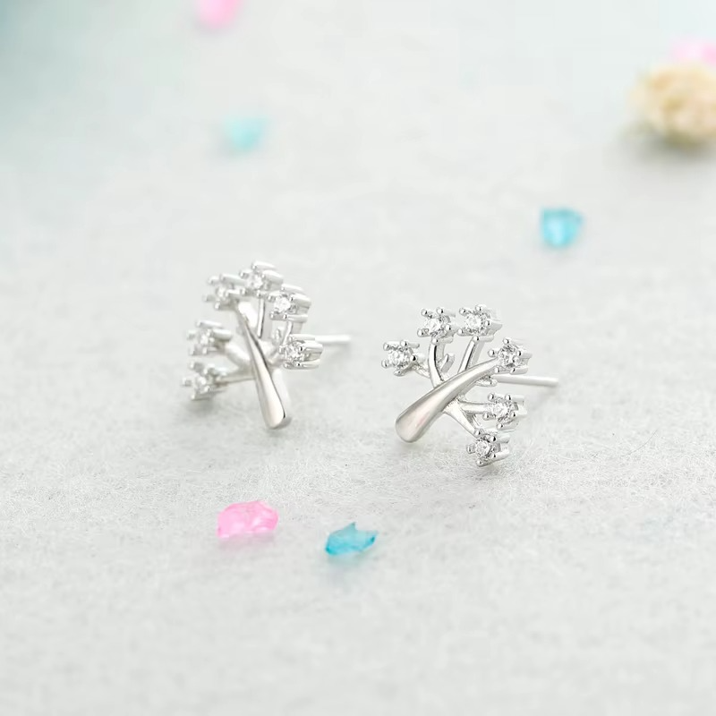 Sterling Silver Tree Stud Earrings with Cubic Zirconia